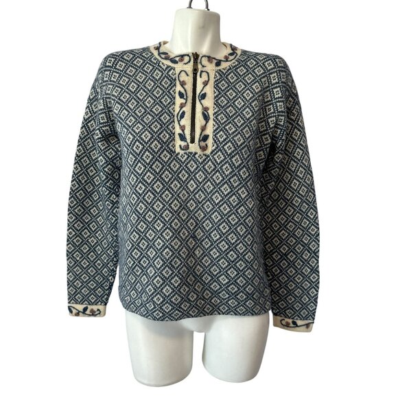 Alpaca Imports Womens Blue Fair Isle Pullover Sweater Wool Blend Floral Small - Picture 1 of 6